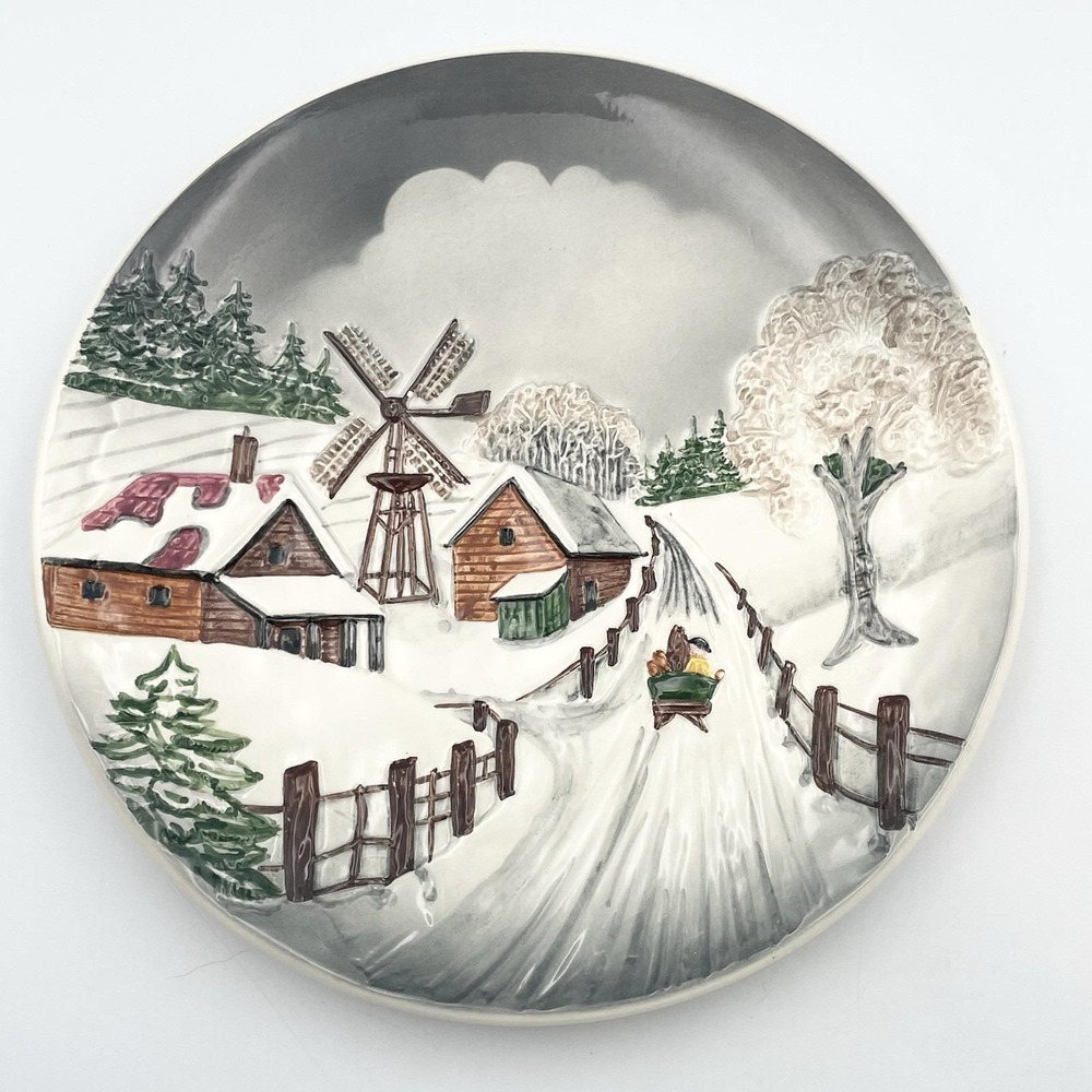 Vintage 1978 West Germany 3D Relief Winter Village Windmill Wall Plate‎ 9.25"